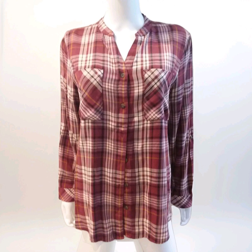 Chico's Top  Button Up  Size 2 or L Red Plaid  Roll up  Sleeve